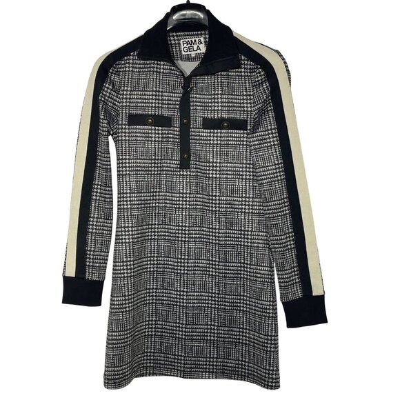 Pam & Gela Glen Tart Mini Track Dress Houndstooth Crest Buttons Black Sz P (XS) - Picture 1 of 9